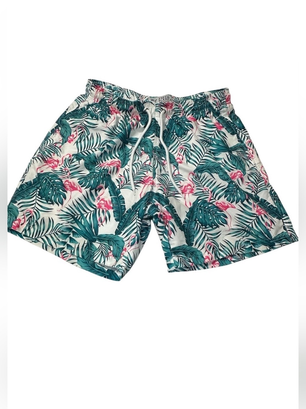 Free Planet Tropical Green and Pink Leaf Swim Flamingo Trunks Size L